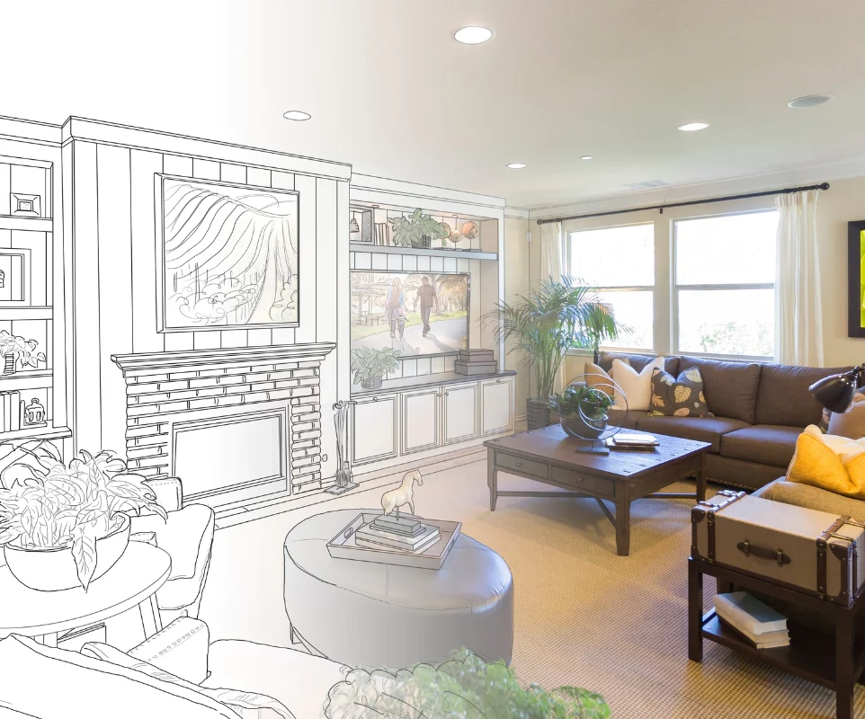 a transitioning sketch to the actual design of the living room